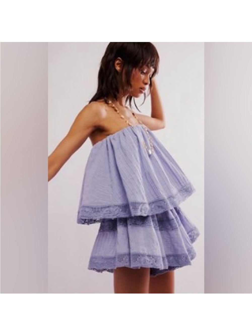 Free people off the shoulder romper crochet trim periwinkle XS - Picture 2 of 6